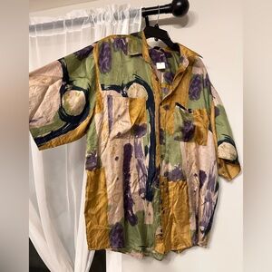Vintage Abstract Watercolor Button-Up Shirt in Olive, Mustard & Purple
